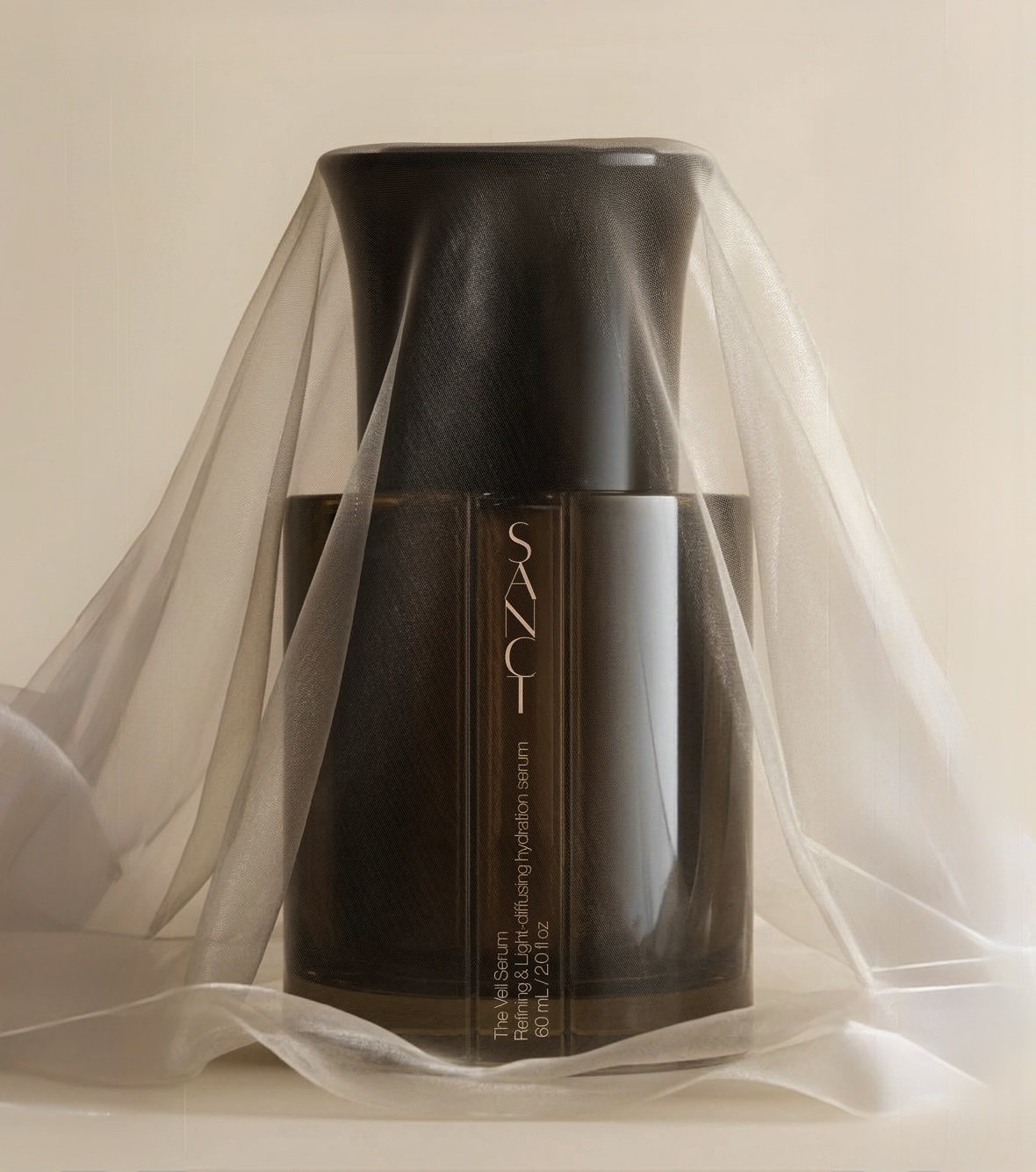 The Sanct Veil Serum draped in soft tulle, lit like a still life