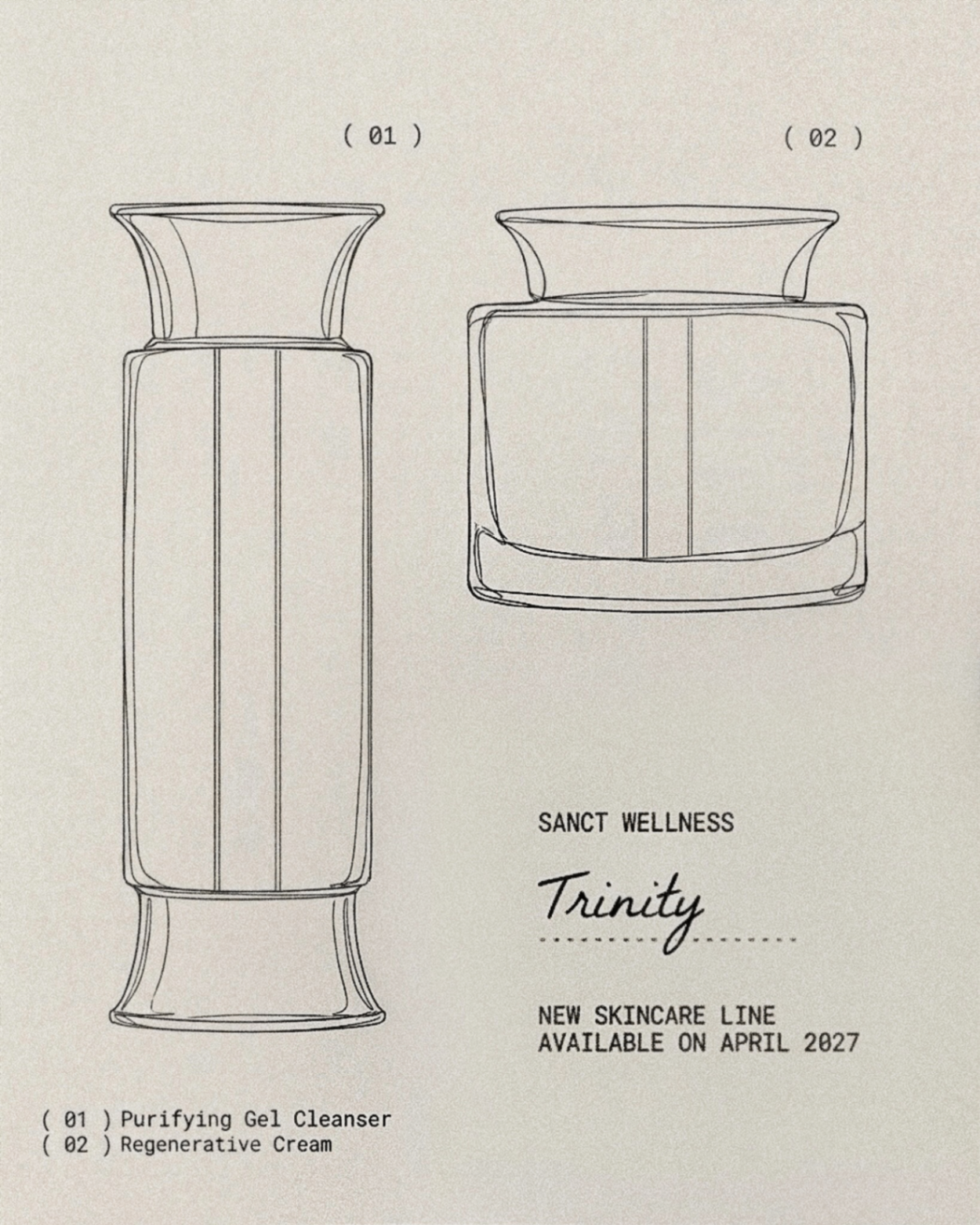 Concept sketches of the Sanct Trinity skincare line — cleanser and cream