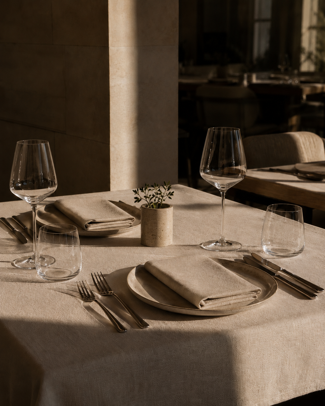 A set table for two in the resort dining room, glassware lit by late afternoon sun