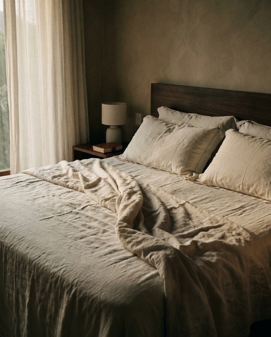 A softly lit suite at dusk with rumpled linen sheets and warm plaster walls