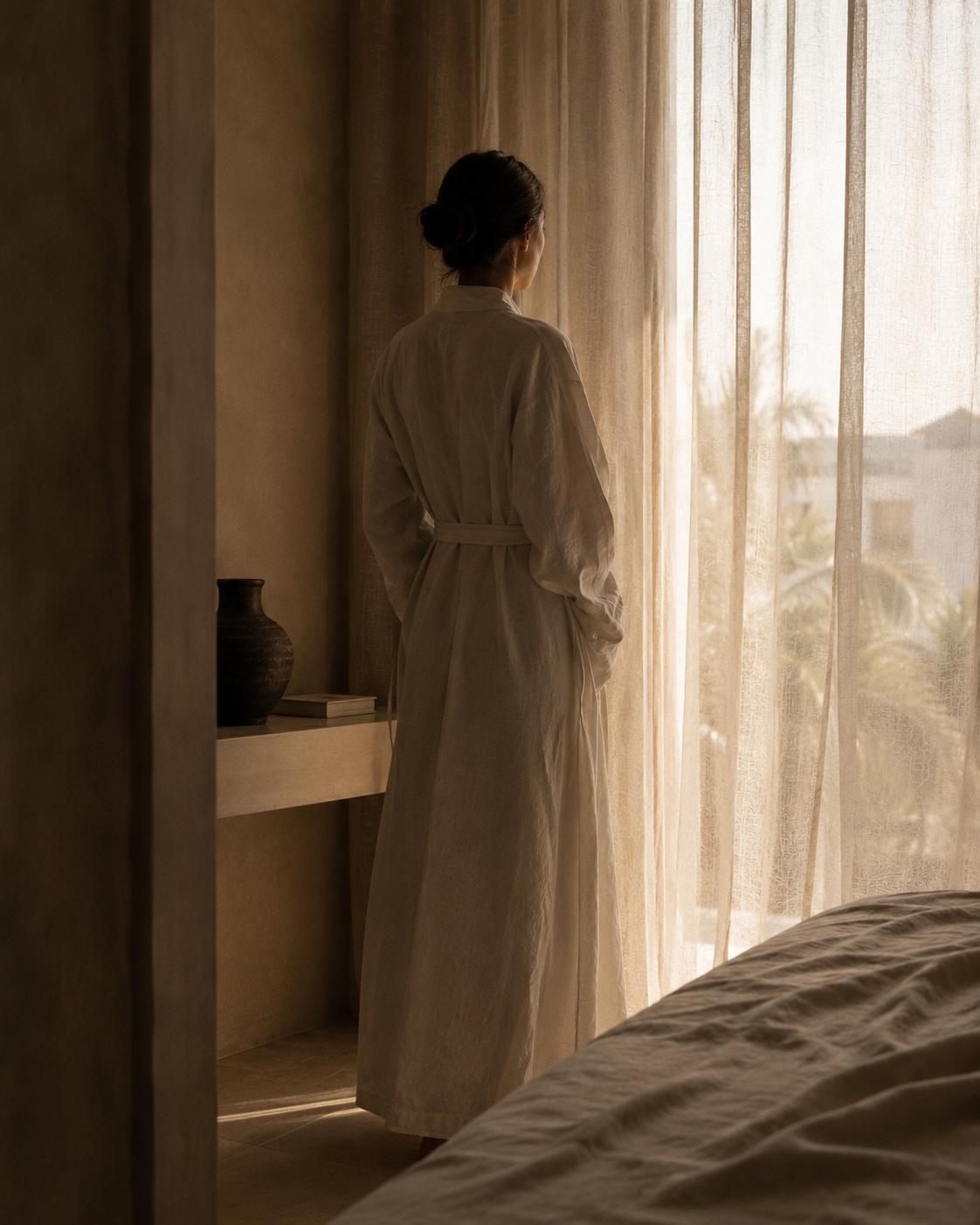A guest in a linen robe at the window, palms and warm light beyond