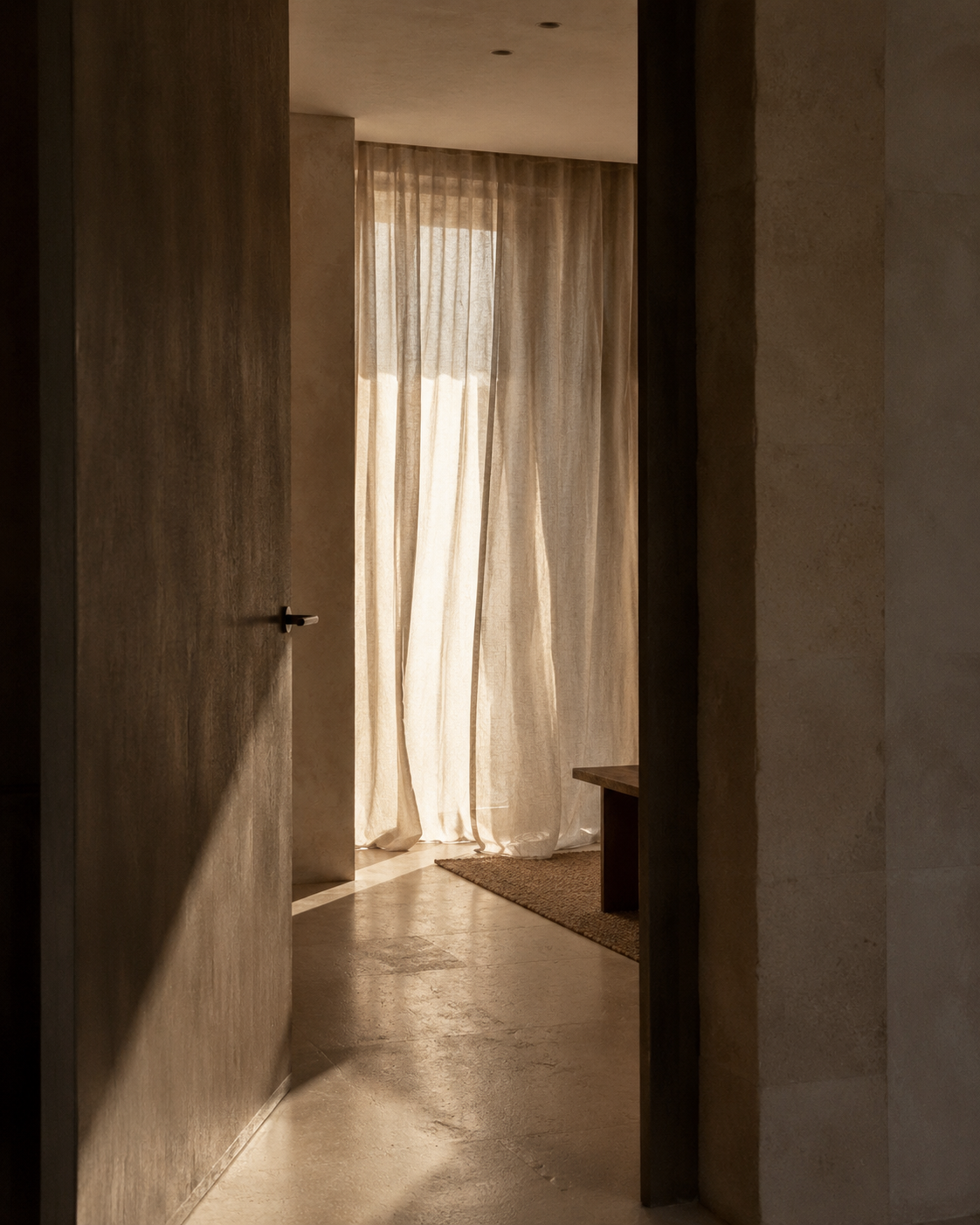 A doorway opening onto sheer linen curtains and quiet afternoon light