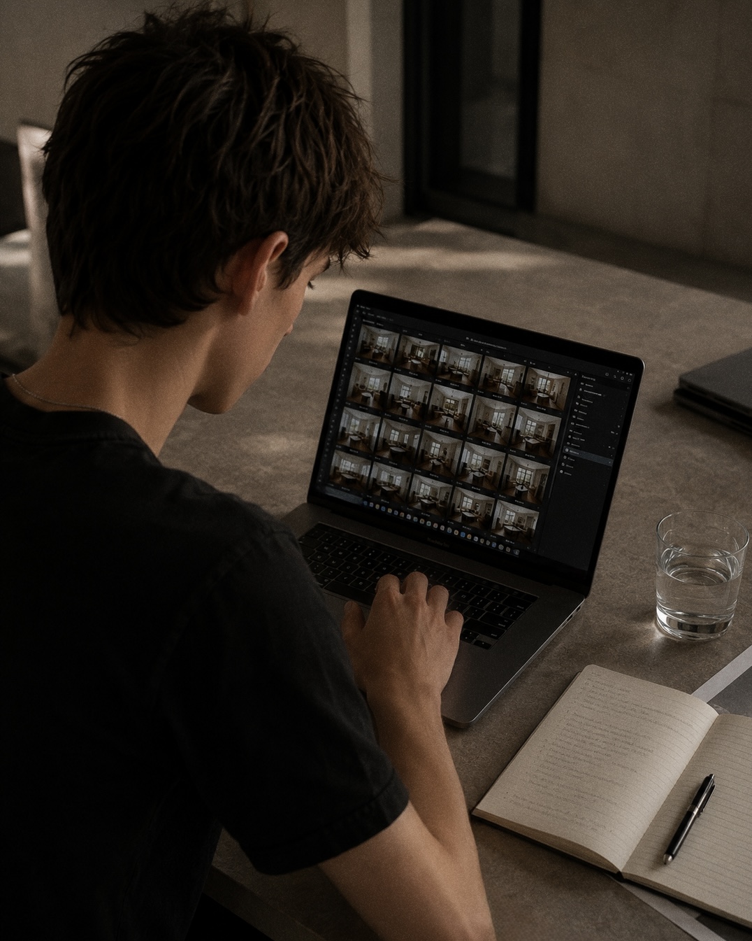The studio at work — reviewing images at a stone table, notebook open