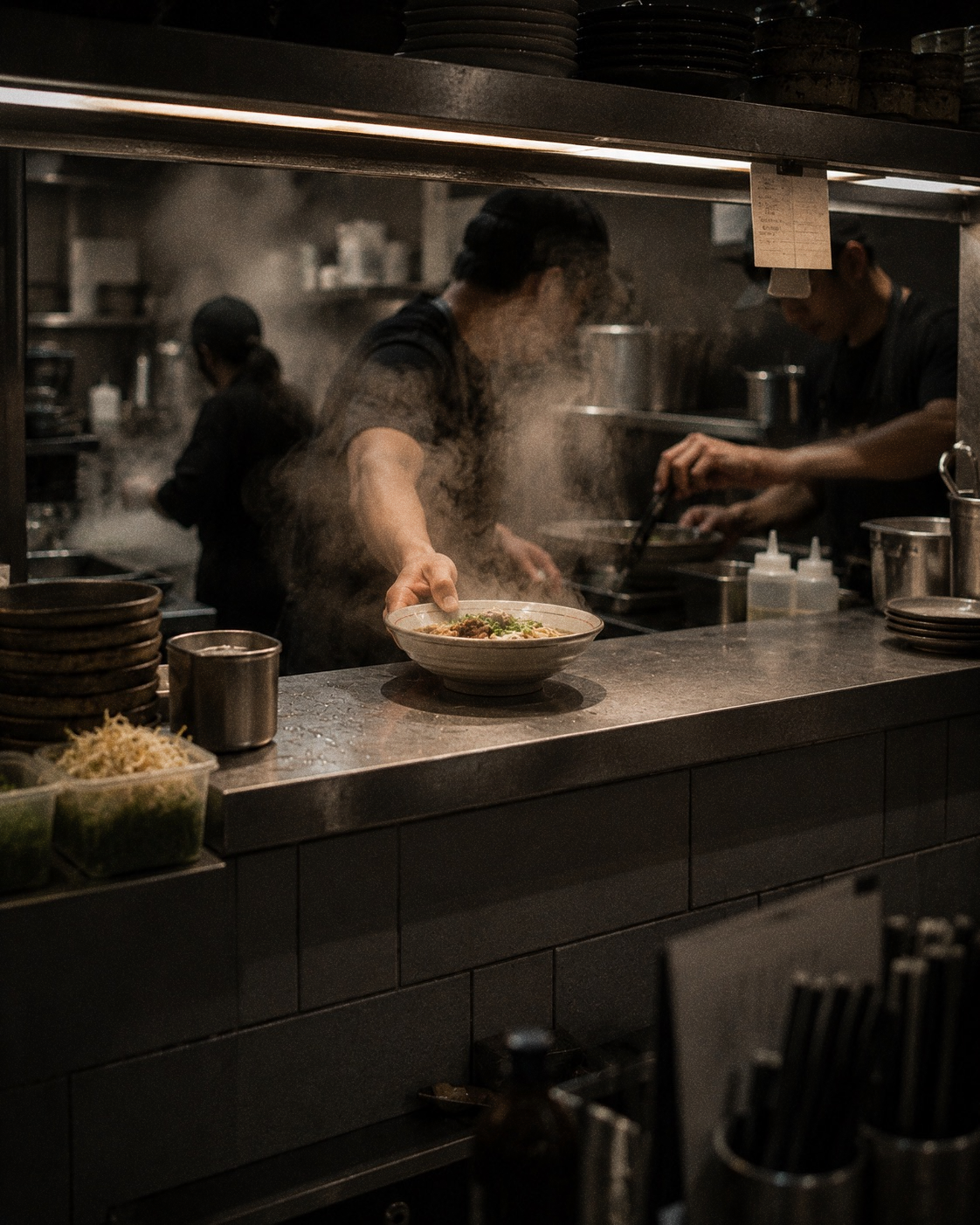 A steaming bowl being passed across the kitchen counter in a busy neighborhood restaurant
