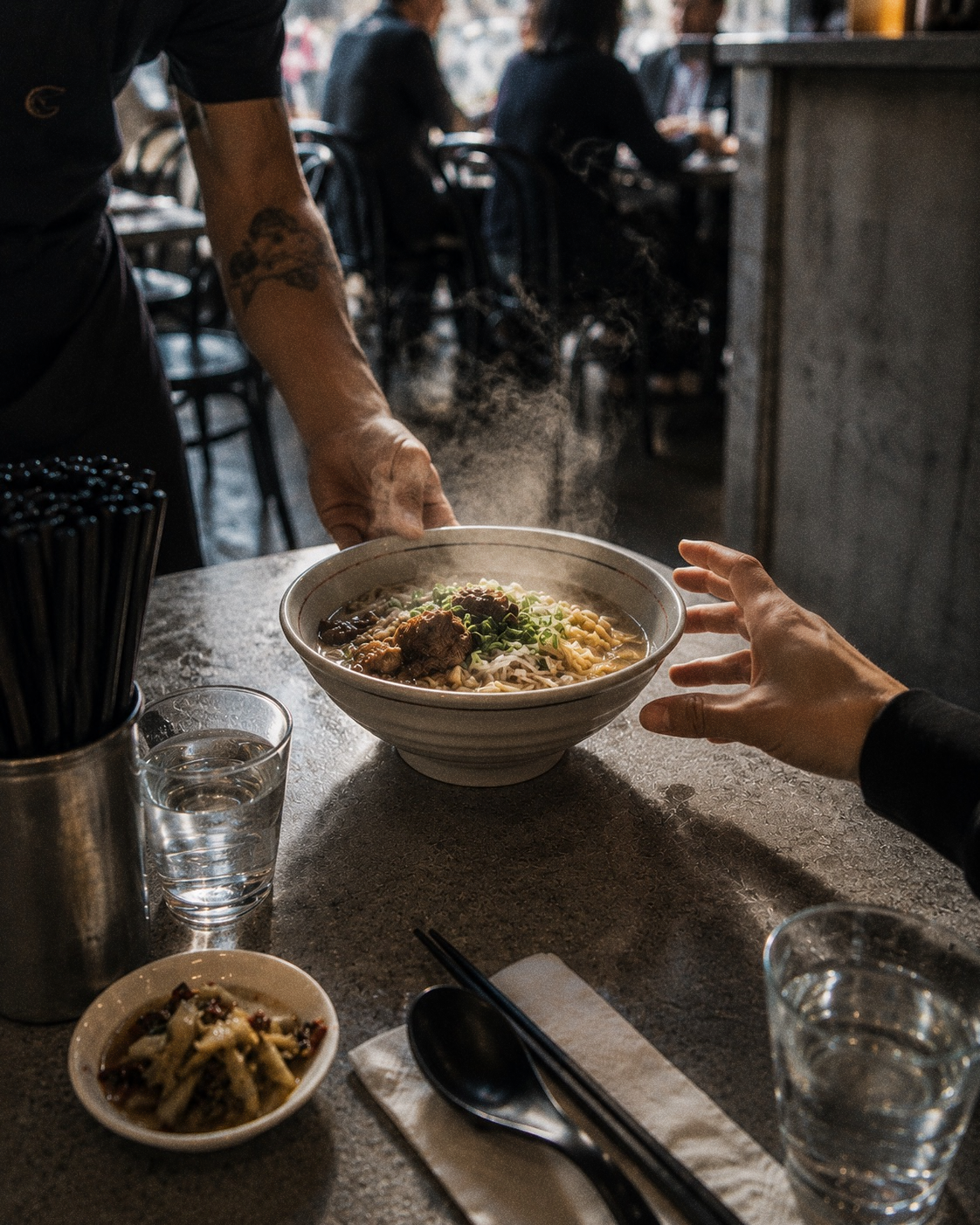 A steaming bowl being set down for a guest at the counter