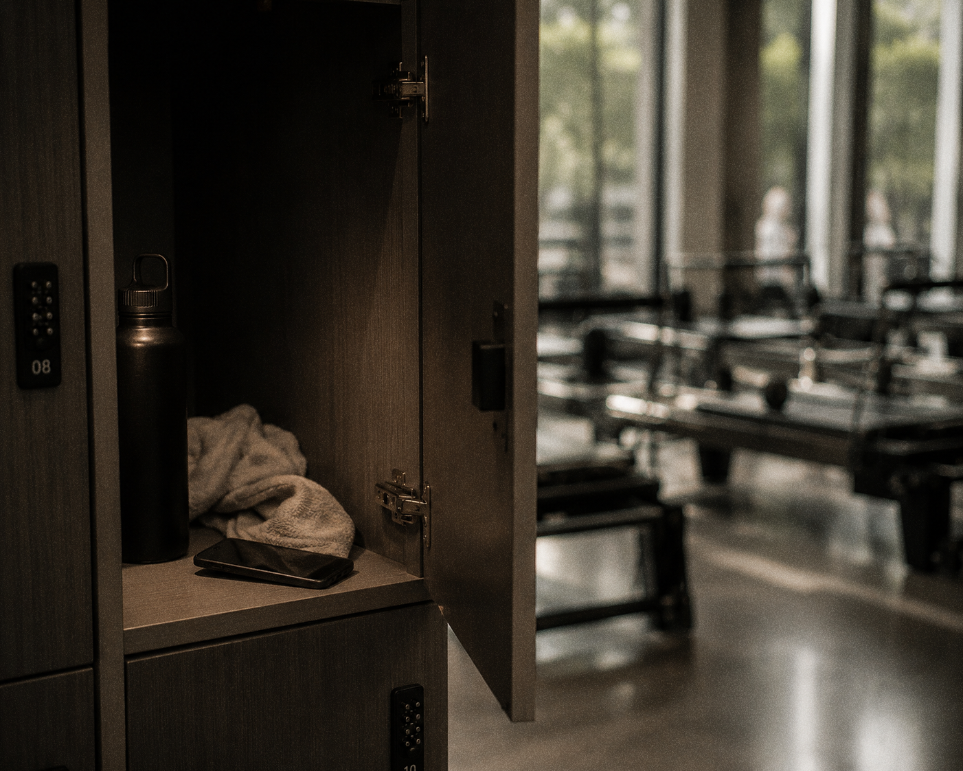 An open locker beside a reformer studio, with a phone left behind inside