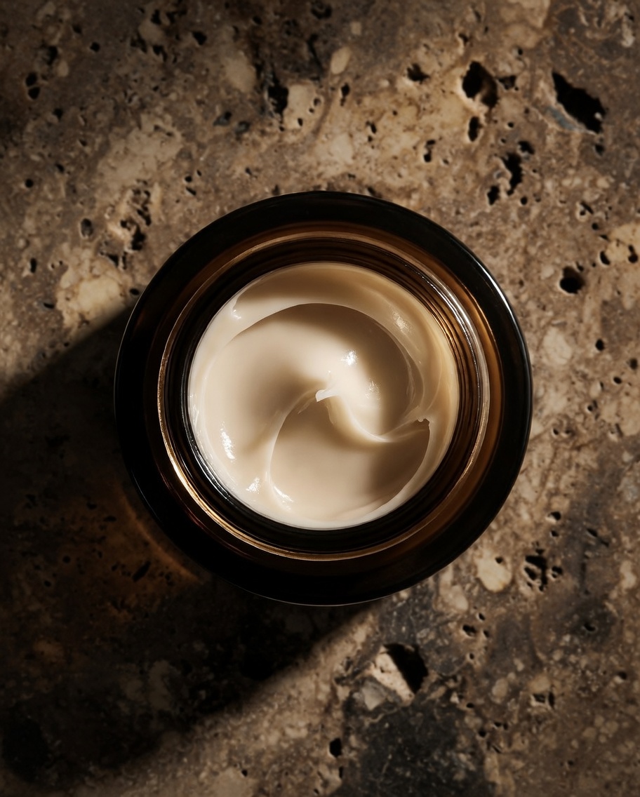 An open jar of Sanct cream swirled inside, set on raw travertine